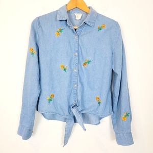 Harper Heritage Embroidered Flowers Chambray Cotton Blue Long Sleeve Top 0915